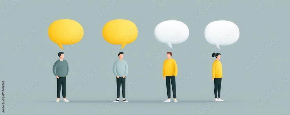 Poster group of diverse people with thought bubbles representing conversation and communication concept in 