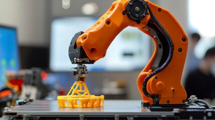Orange robotic arm 3D printing a small yellow object.