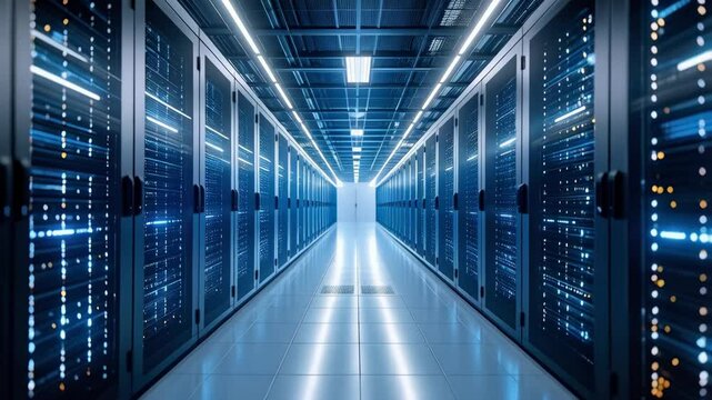 Server room filled with rows of racks showing digital data moving through network systems, modern technology for information storage