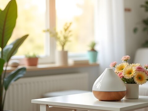 Bright living room with flowers and an aromatherapy diffuser