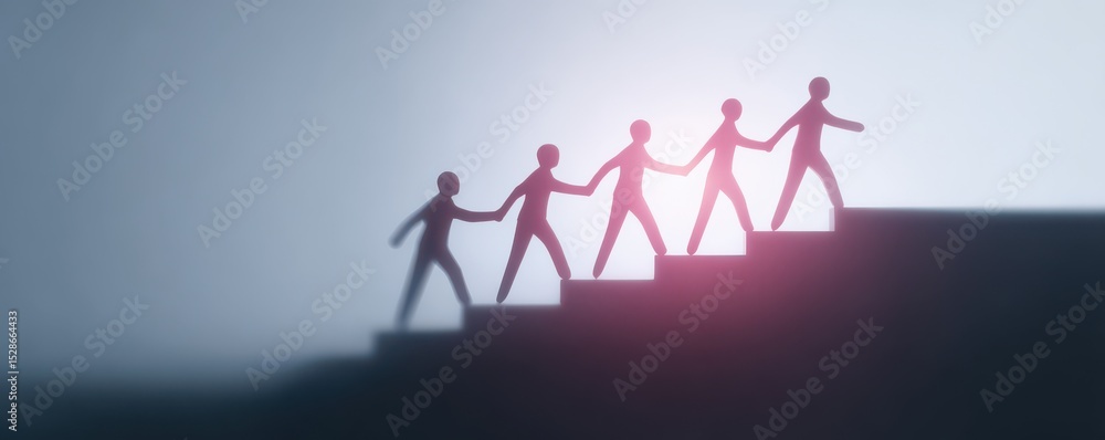 Poster collaboration and teamwork symbolized by abstract figures climbing stairs towards success in a conce