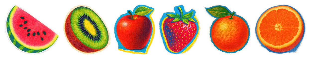 PNG Colorful vintage fruit stickers, element set on transparent background