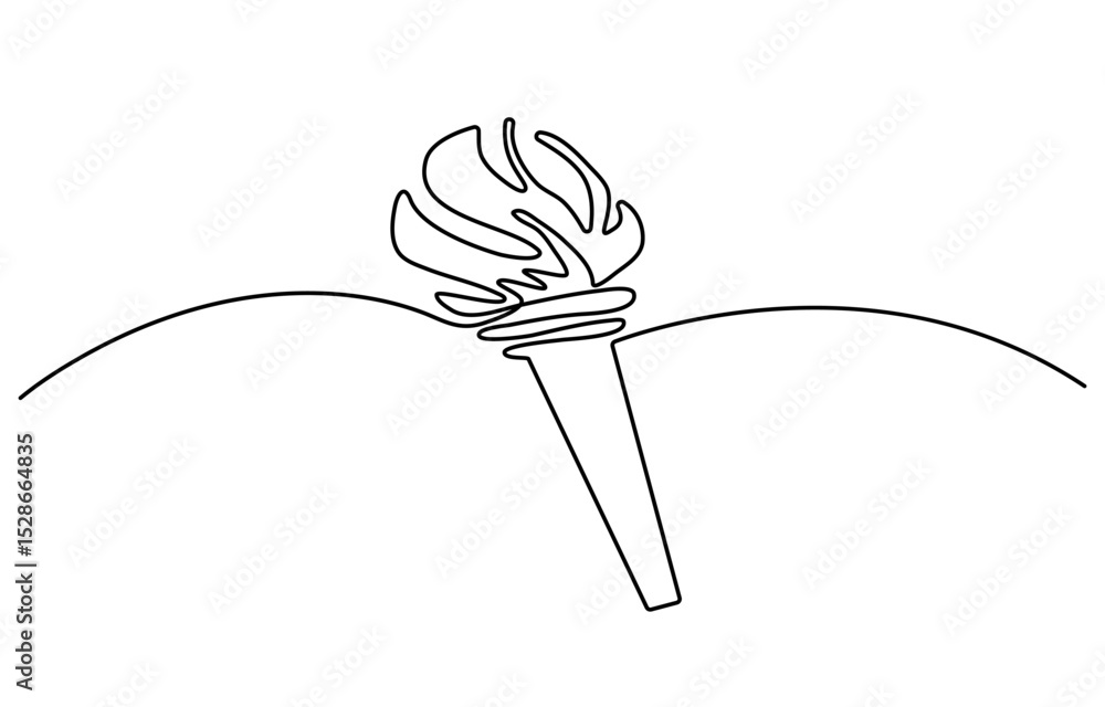 Poster Torch with flame, one line continuous. Torch and fire line art view. Hand drawn vector art.