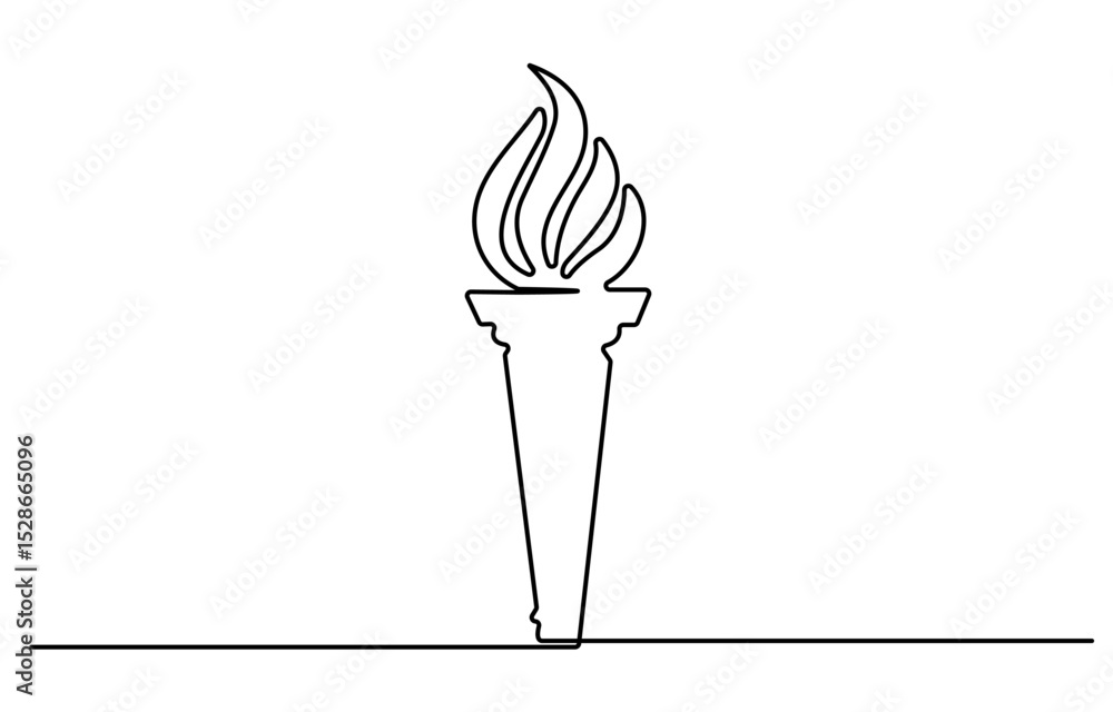 Poster Torch with flame, one line continuous. Torch and fire line art view. Hand drawn vector art.