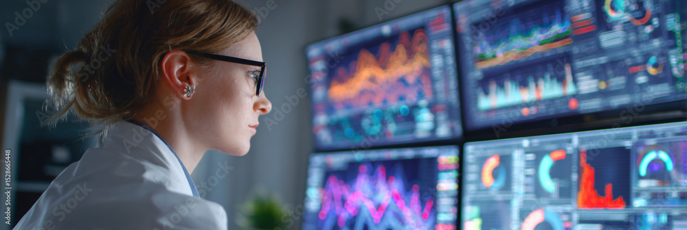 Poster a woman in a lab coat looking at multiple computer screens displaying various graphs and charts data