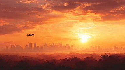 Airplane Flying Over City Skyline at Sunset with Beautiful Clouds