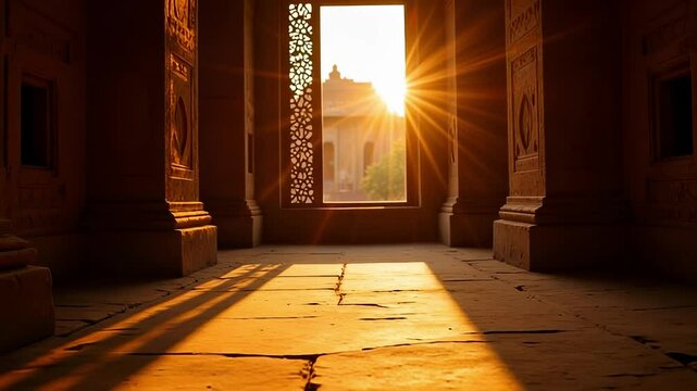 Golden Sunlight Illuminates Intricate Stone Jali in Ancient Indian Temple Architecture