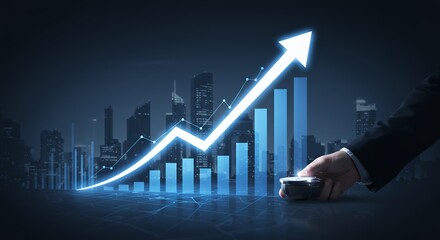 Growth chart with city background and hand