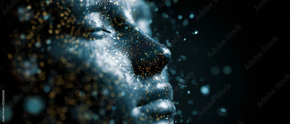 Poster close up of a futuristic face with circuit board patterns and shimmering particle effects on dark ba