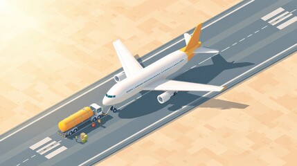 Airplane Refueling on Runway with Tanker Truck in Sunny Environment