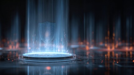 A blue and orange lighted shield is floating in a pool of water