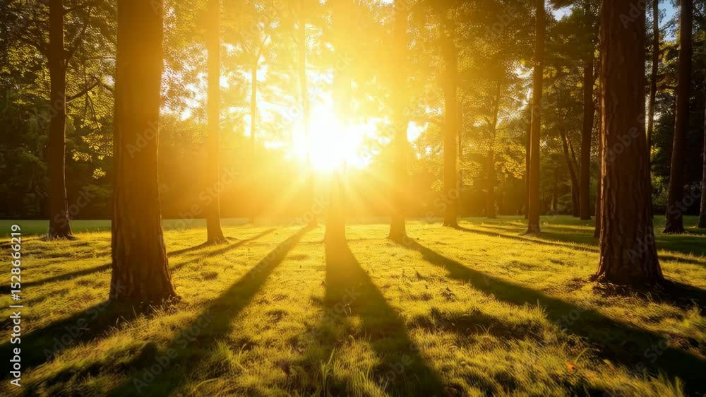 Poster sunlight shining through a sparse wooded area at ground level with tree trunks and long shadows over