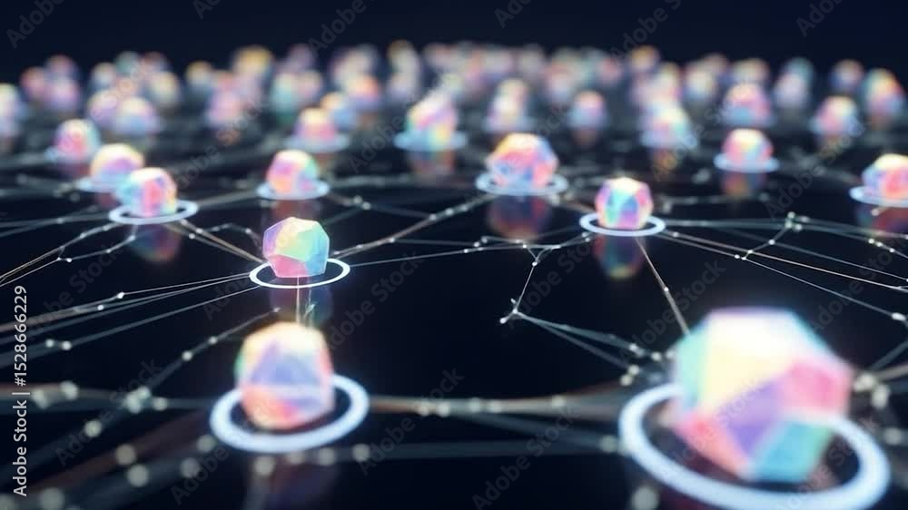 Poster a network of interconnected, multifaceted, glowing gems in vibrant colors against a dark background.