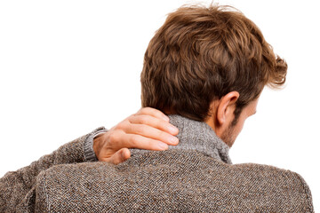 A man with a neck injury is wearing a gray sweater