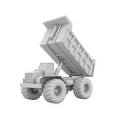 A 3D rendered image featuring a large gray dump truck against a transparent background with its bed raised, showcasing its mechanical detail and design.