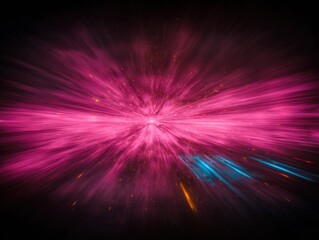 Abstract explosion of vibrant pink and blue light streaks against a dark background