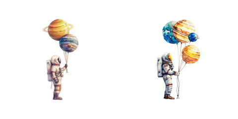 astronaut holding planets balloon watercolor vector illustration © Dar