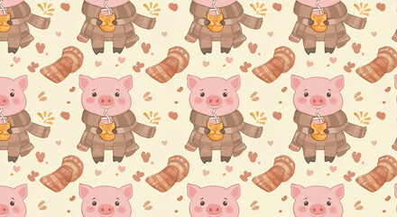 Cozy Pig juice time with pretzel Pattern Wallpaper Background