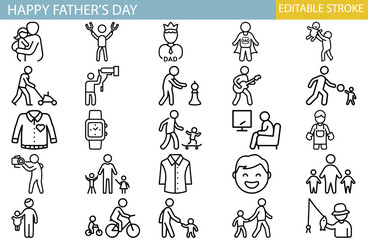 Father's Day Icon Set: A heartwarming collection of line art icons celebrating the multifaceted role of fatherhood, perfect for Father's Day designs.