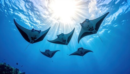 A squadron of manta rays gracefully gliding through sunlit ocean depths