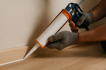 Person applying sealant with caulking gun for home wood floor repair