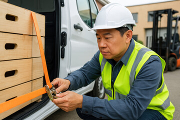 Warehouse worker securing cargo with orange ratchet strap, ensuring safe transport, wearing safety vest and helmet outdoors