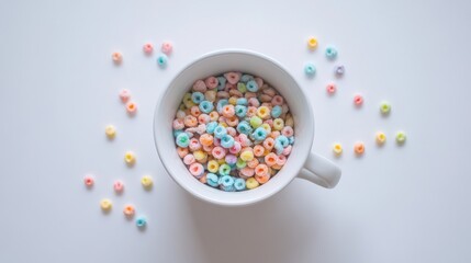 Colorful Breakfast Cereal in a White Mug on White Background