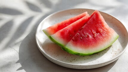 Slices of Watermelon on a Ceramic Plate with Natural Light