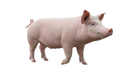Full body view of a pink pig standing with its head facing right side in a cutout image on transparent background