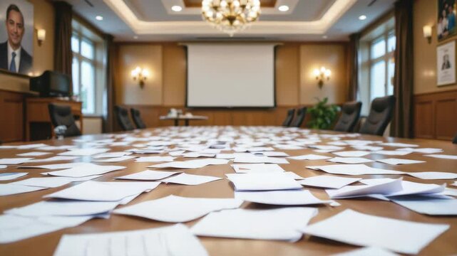Boardroom table covered with scattered papers and documents.