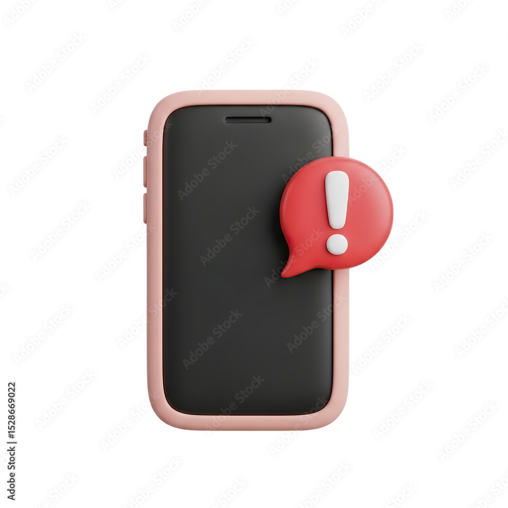 Poster rendered phone with pink frame and red notification bubble with exclamation point icon on the screen