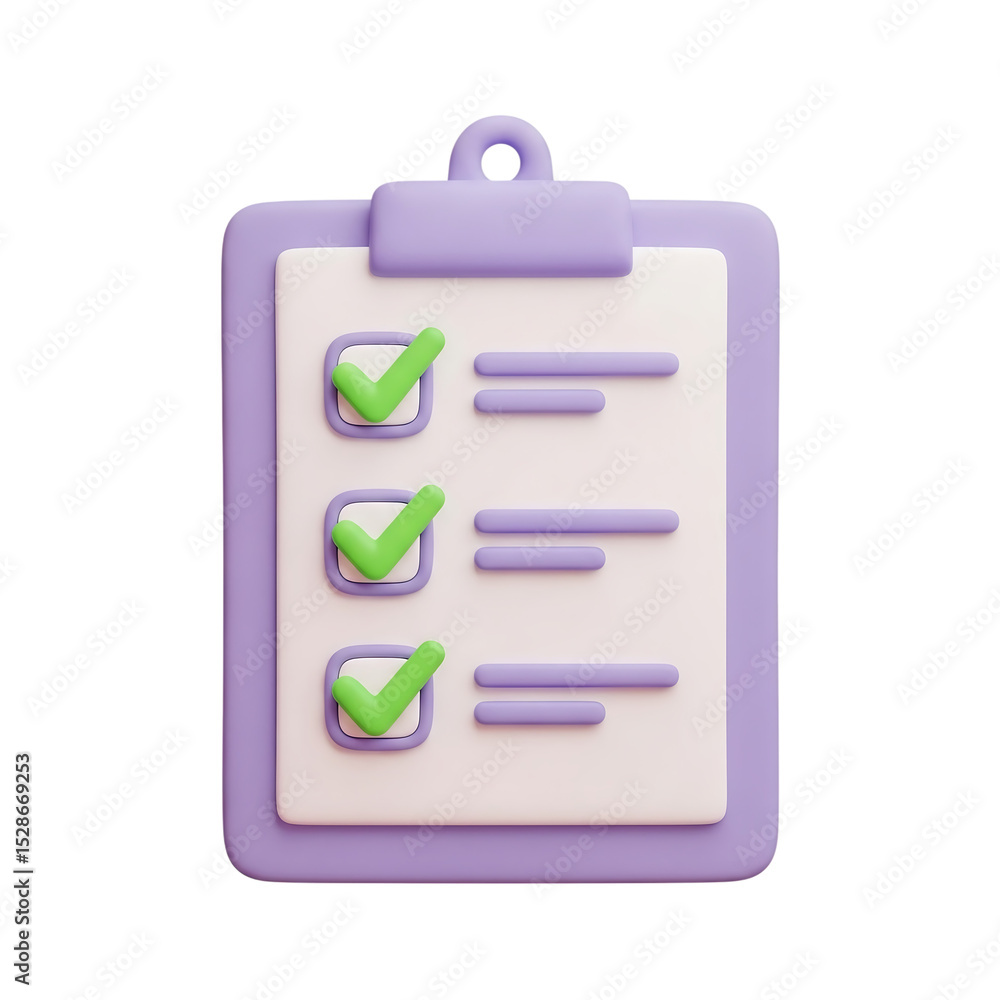 Fototapete lilac clipboard with three green check marks and list items rendered in a three dimensional style on