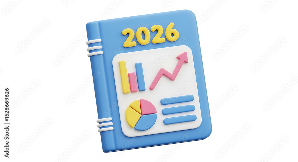 Aufkleber illustration of a blue notebook with the year two thousand twenty six and charts displayed on it on 