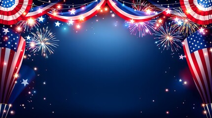 Patriotic fireworks and american flag stage curtain a 4th of july celebration background