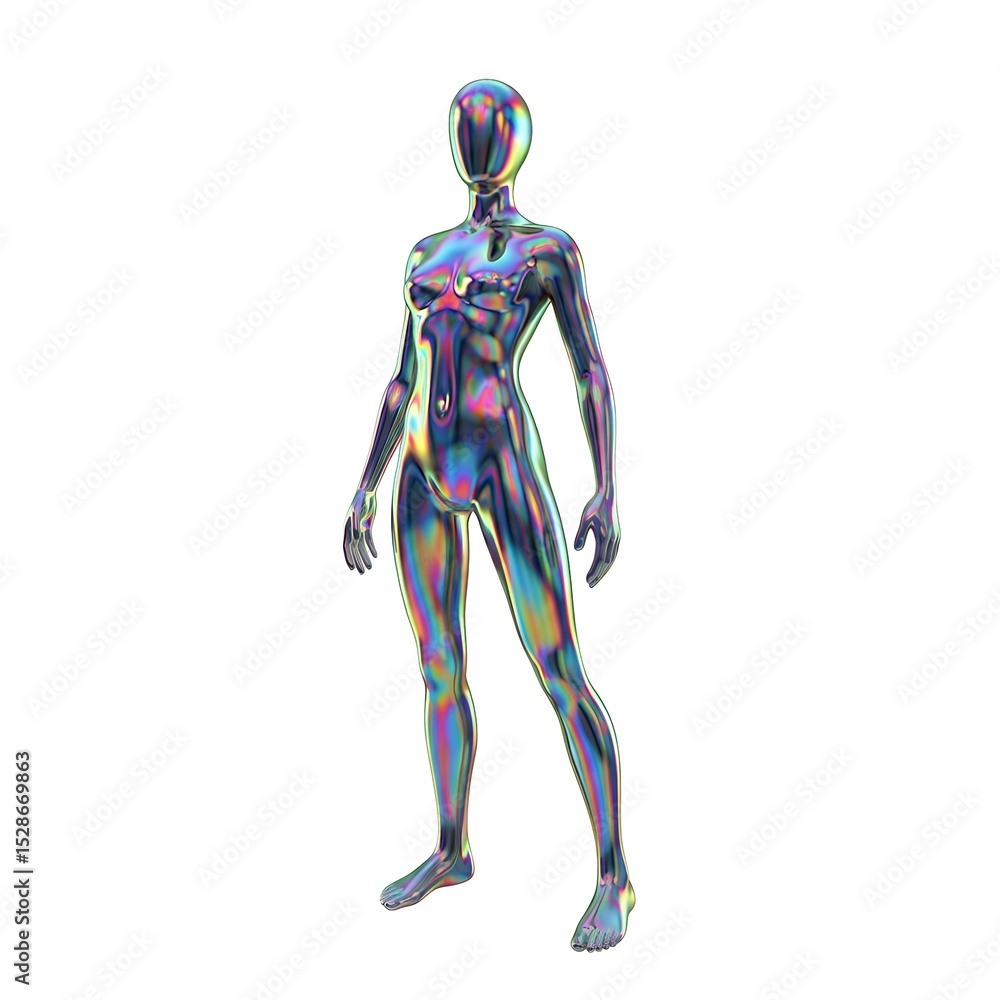 Poster abstract holographic humanoid figure with iridescent surface on transparent background. futuristic m