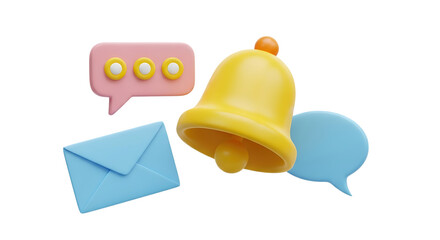 Notification bell with message bubbles and envelope floating in a digital space design concept on transparent background