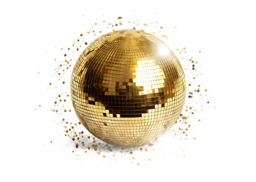 Golden disco ball explosion isolated on a white background