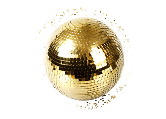 Golden disco ball with glitter, isolated on a white background