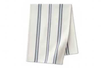 White kitchen napkin folded, featuring blue stripes, viewed from above on transparent background