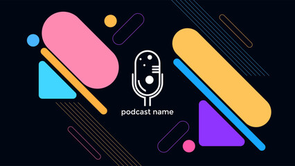 PODCAST DARK BACKGROUND WITH GEOMETRIC LINE AND DIAGONAL SHAPES BLUE ORANGE PURPLE PINK FLAT COLOR SIMPLE TEMPLATE DESIGN VECTOR. GOOD FOR COVER DESIGN, BANNER, WEB,SOCIAL MEDIA