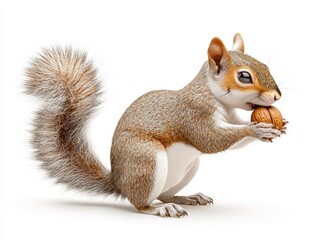 Gray Squirrel Eating Walnut on White Background