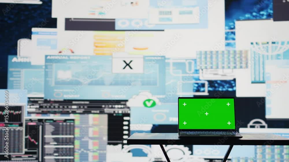 Poster in a business finance space, pc screen showing isolated chroma key to help the strategy planning wit