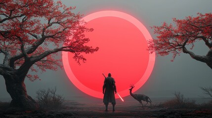 Lone Warrior and Crane before a Glowing Red Sun in a Pixel Art Landscape