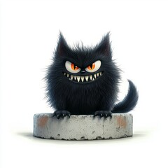 Mischievous Black Fluffy Cat on Grey Stone Platform