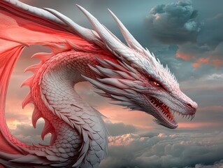 Majestic White and Red Dragon Soaring Through Sunset Clouds