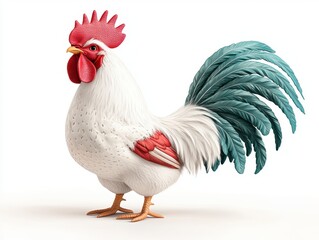 Pixelated White Rooster with Teal Tail Feathers on White Background