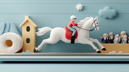 Playful 3D Render of White Horse Race in Pastel Blue Setting