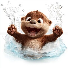 Playful Brown Otter Pup Splashing in Water