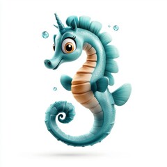 Playful Cartoon Seahorse with Unicorn Horn Light Blue and Beige 3D Render
