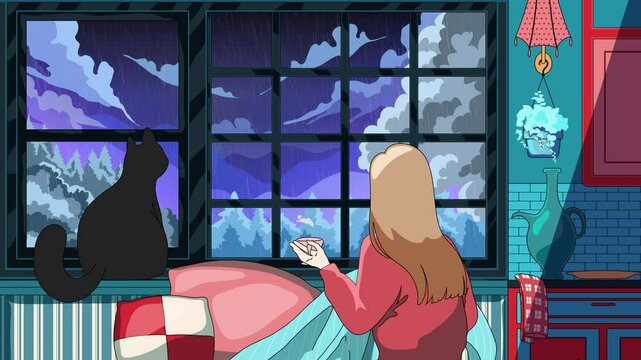 indoor girl and cat watching rain while sipping coffee live wallpaper suitable for all iPhone and android phone